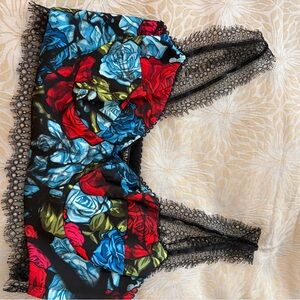 Versace Black Floral Lace-Trim Crop Top with Red & Blue Roses